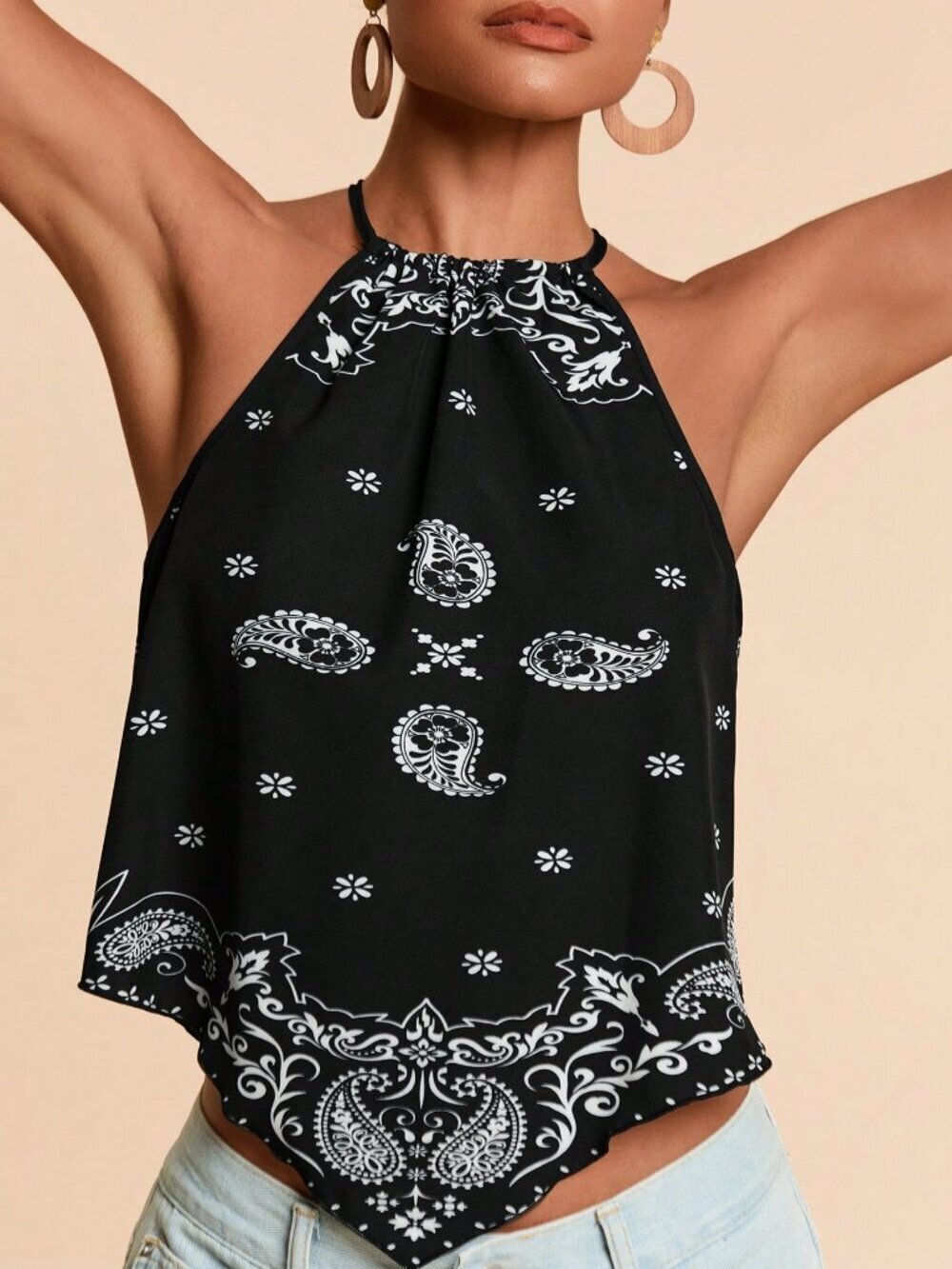 Black and White Bohemian Women's Woven Paisley Floral Halter Neck Tank Top